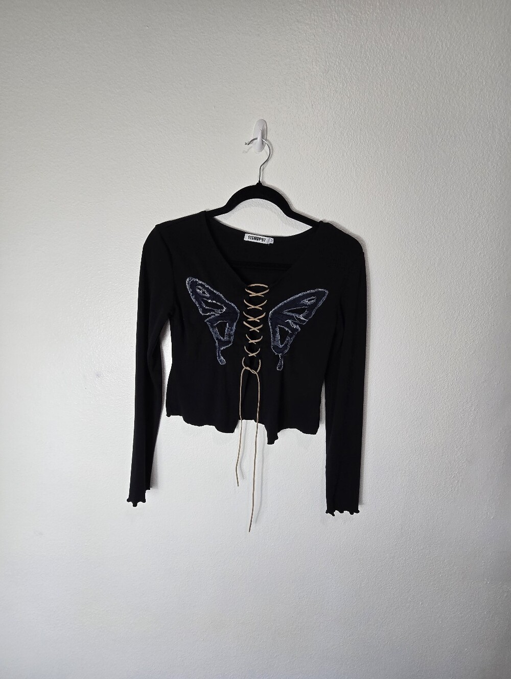 Butterfly Lace-Up Black Long-Sleeve Top Y2k